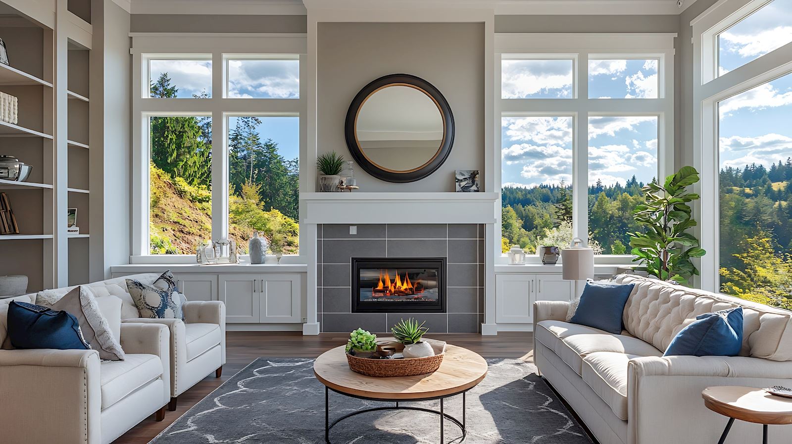 Chic living room filled with builtin cabinets flanking round mirror atop grey tile fireplace tufted sofa facing two armchairs and window wall overlooking lush outdoors Northwest USA