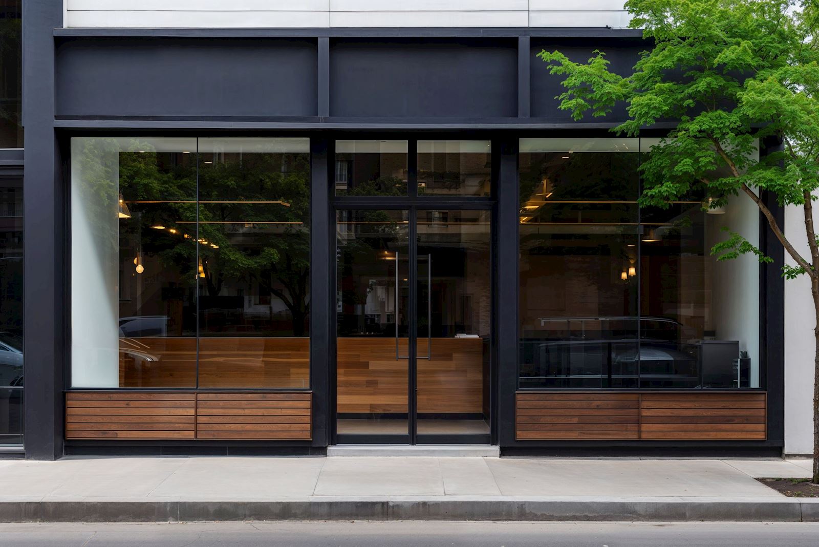 Contemporary Building Exterior Featuring a Sleek Facade with Large Glass Windows and Elegant Wooden Decor, Epitomizing Modern Commercial Property Design