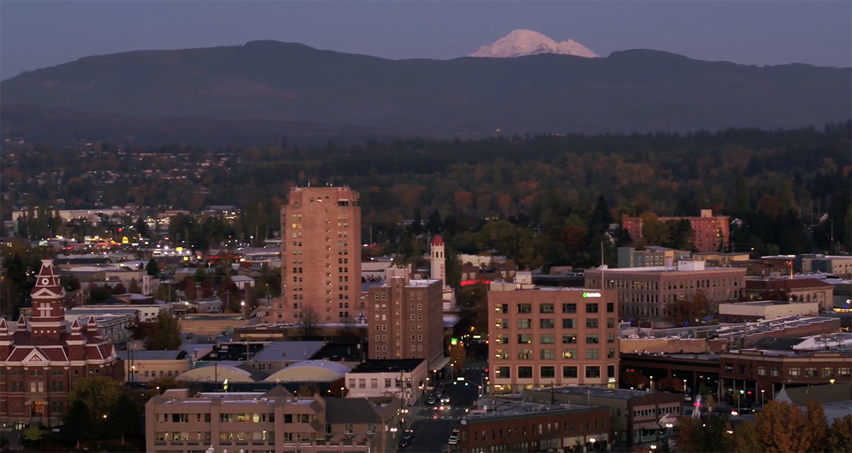Aerial view across Whatcom County farmland toward Mount Baker