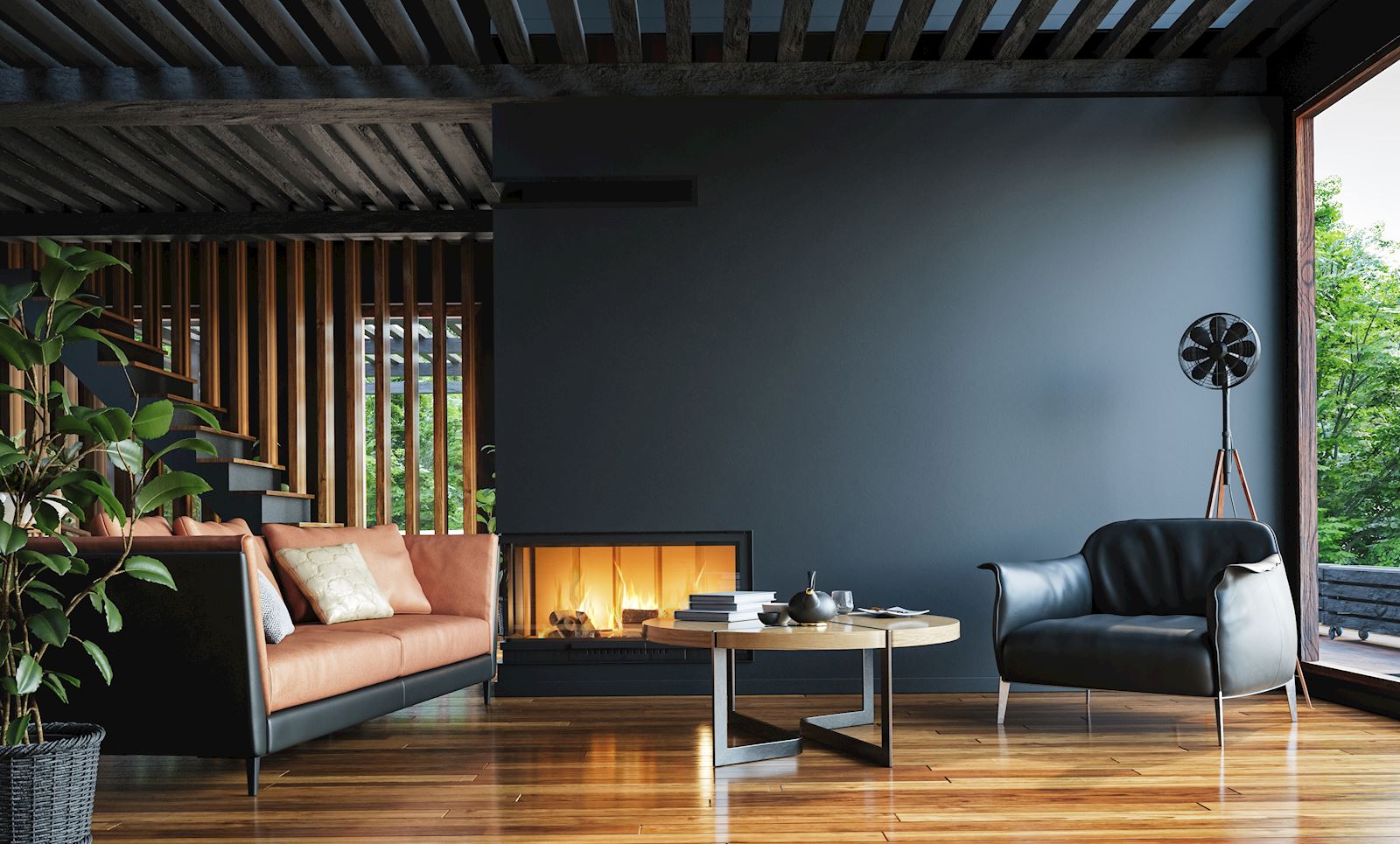 Luxury Living Room, Black Sofa